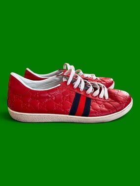 Gucci Ace Web GG Monogram Low Top Sneakers Red Leather US 11 EU 44 Pre Owned